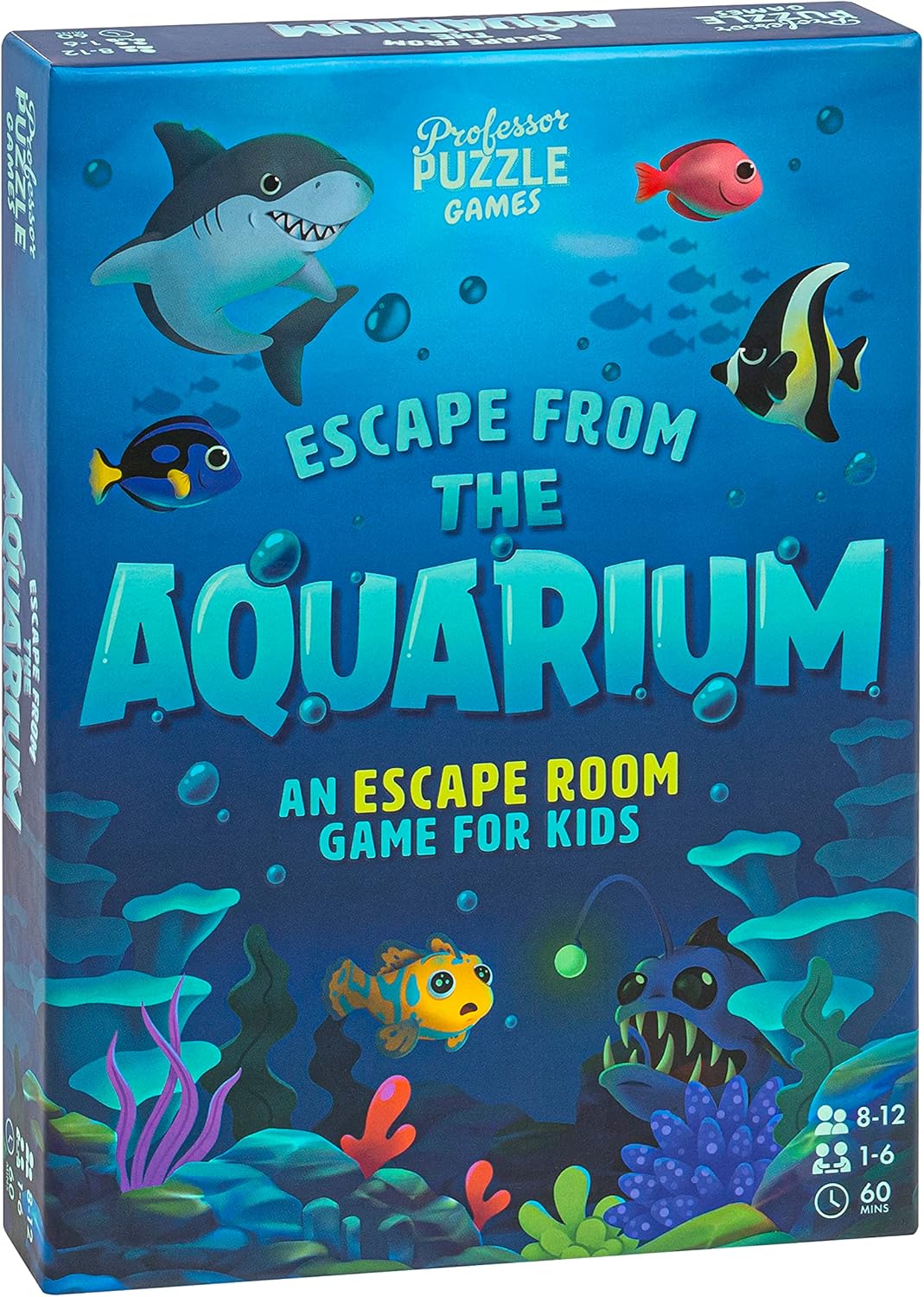 Packaging for 'Professor Puzzle - Escape from the Aquarium' game featuring colorful underwater aquatic life and a title text.