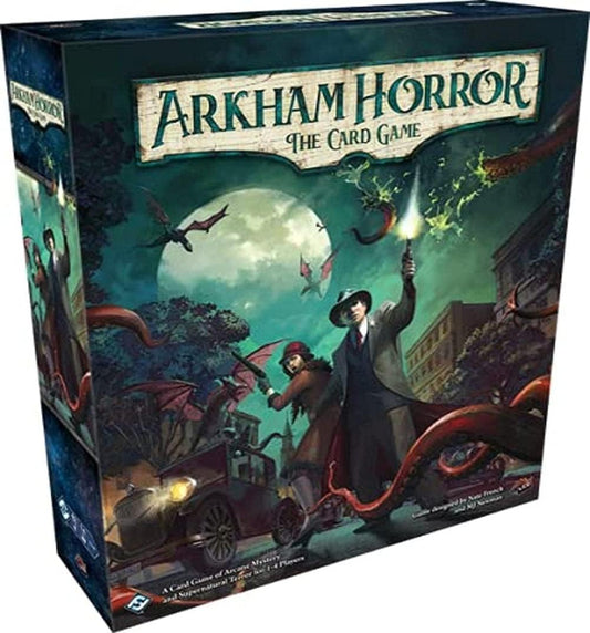The image shows the box of Arkham Horror: The Card Game - Revised Core Set. It features artwork with dark, eerie scenes including a car, a street, and several characters in a supernatural adventure setting.