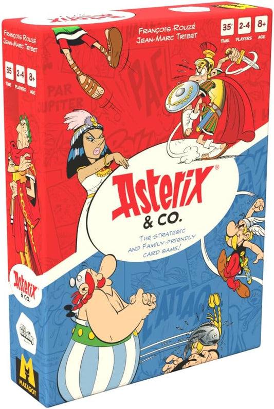 Asterix & Co board game box with colorful illustrations of Asterix and Obelix on a red and blue background.