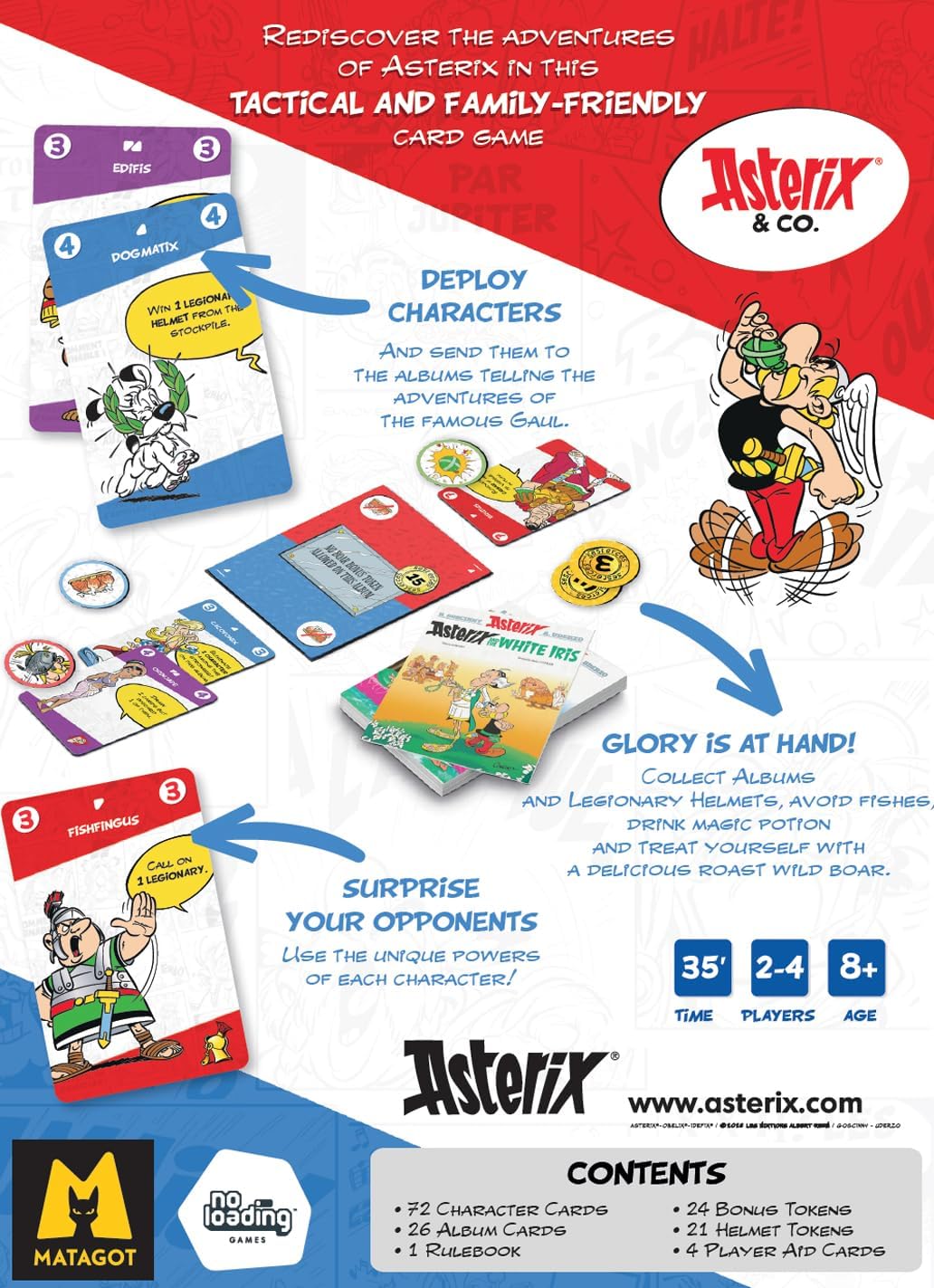 Asterix card game packaging with character illustrations and game components.