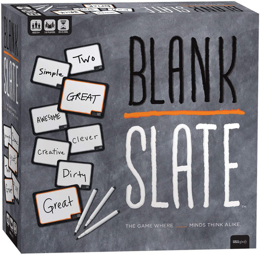 Board game box for 'Blank Slate' with text and markers on a gray background