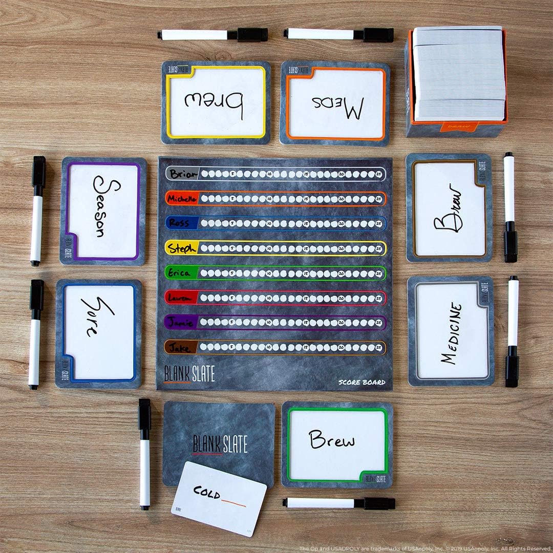Blank slate game components on a wooden surface with markers.