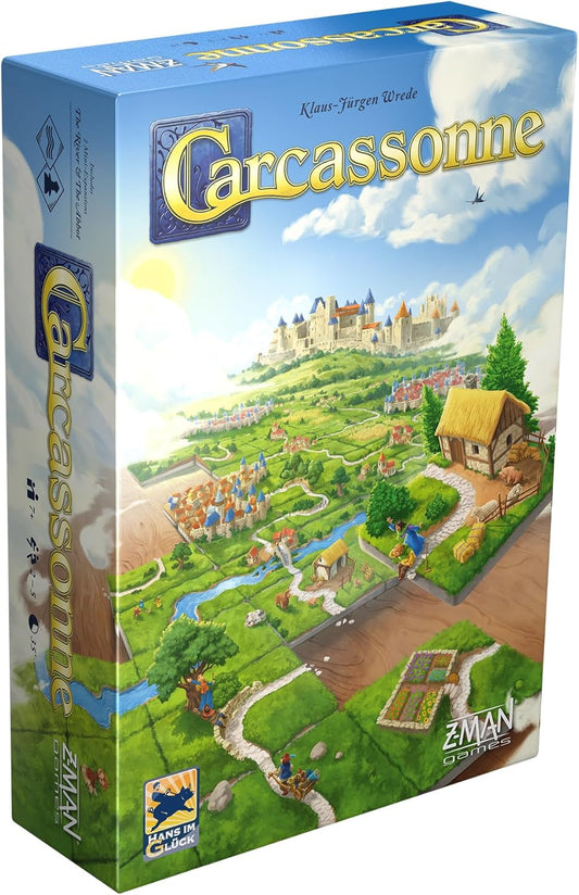 A boxed copy of the board game Carcassonne, featuring artwork with a rural landscape, buildings, and a blue sky background.