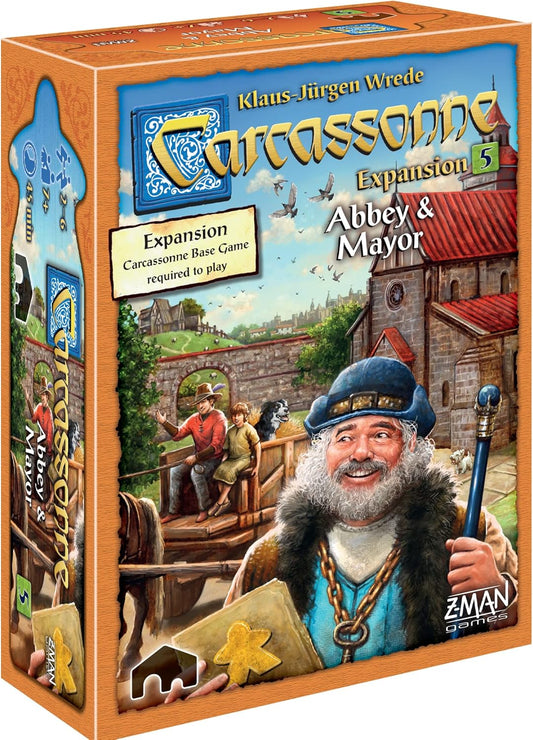 The product image shows the box of 'Carcassonne: Abbey & Mayor' expansion. The box features an illustration of a character, a mayor, with a beard and wearing a hat, holding a scroll, in front of a backdrop of a medieval village setting.
