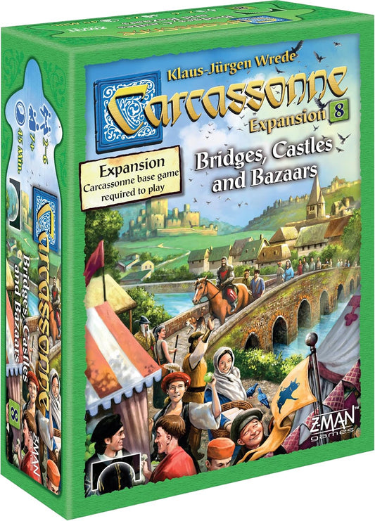 Box cover for Carcassonne: Bridges, Castles and Bazaars expansion, featuring illustrations of players using game pieces to build bridges and castles, with a backdrop of a medieval town.