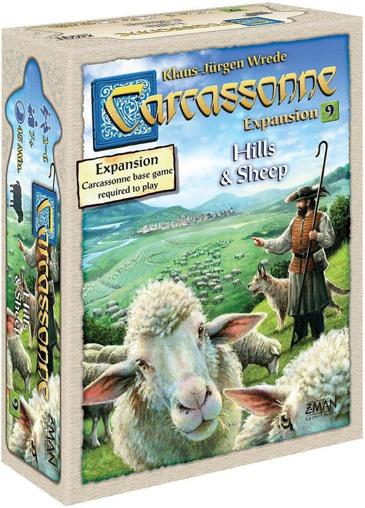 Box cover for Carcassonne: Hills and Sheep expansion pack featuring illustrations of sheep, a shepherd, and a landscape motif consistent with the game's theme.