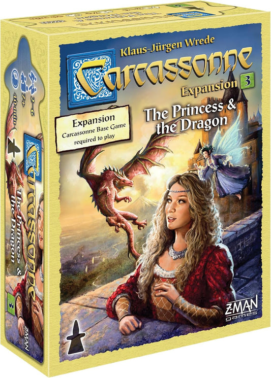 Box cover art for Carcassonne: The Princess and The Dragon expansion pack featuring illustrations of a dragon, a woman in a princess costume, and a fairy.