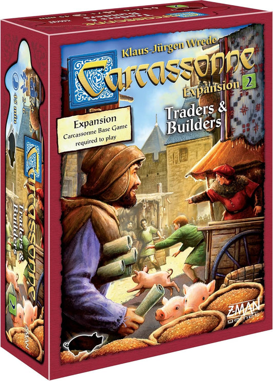 The product image shows the box of 'Carcassonne: Traders & Builders', which is a board game expansion. The cover features an illustration of a medieval scene with a character holding a trade good, surrounded by other game elements like tiles and a meeple.