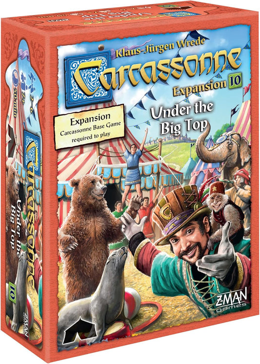 Box cover art for Carcassonne: Under the Big Top expansion, featuring circus-themed illustrations with characters, animals, and a tent.