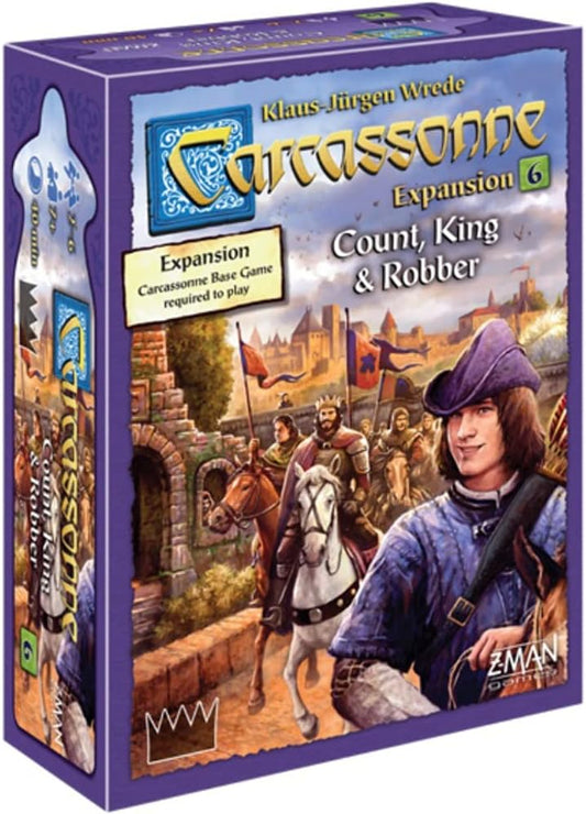 Box cover art for Carcassonne: Count, King & Robber expansion pack featuring illustrations of medieval-themed game pieces and characters.