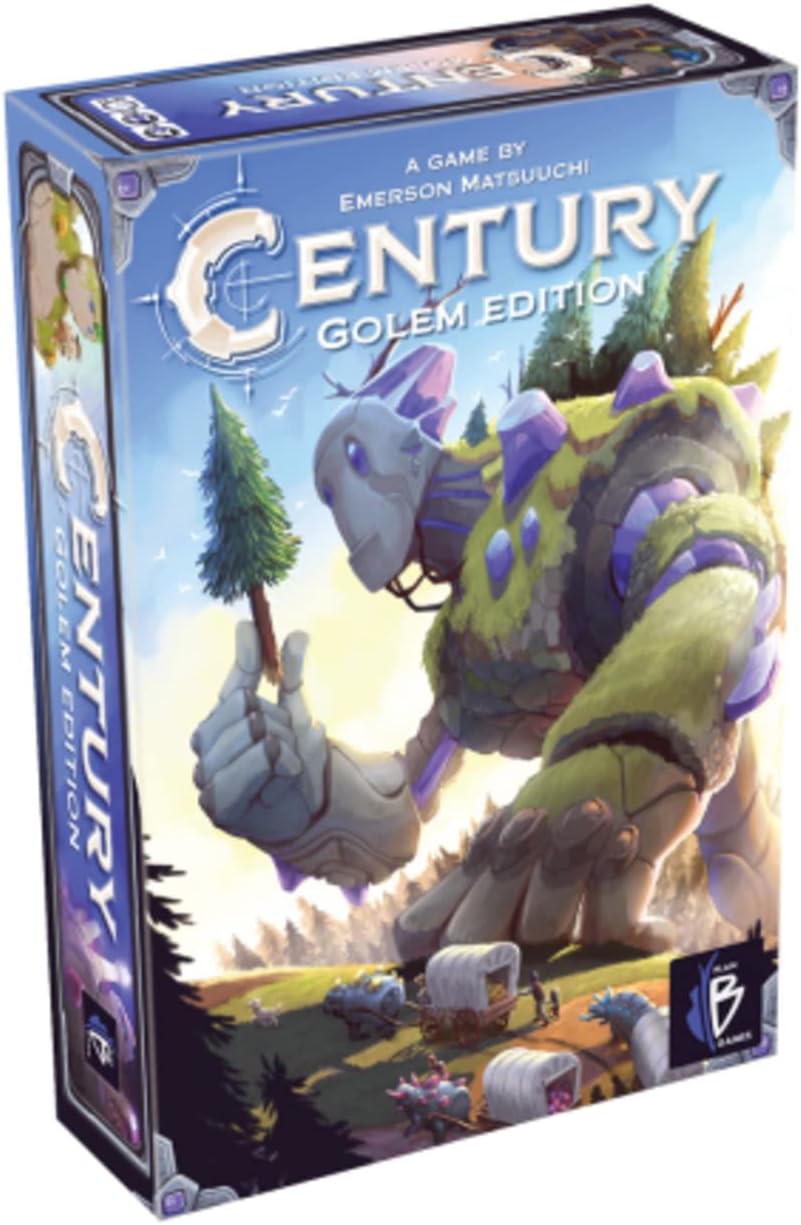 Boxed board game 'Century: Golem Edition' featuring an illustration of a golem character holding a crystal, with a mountain and forest background.