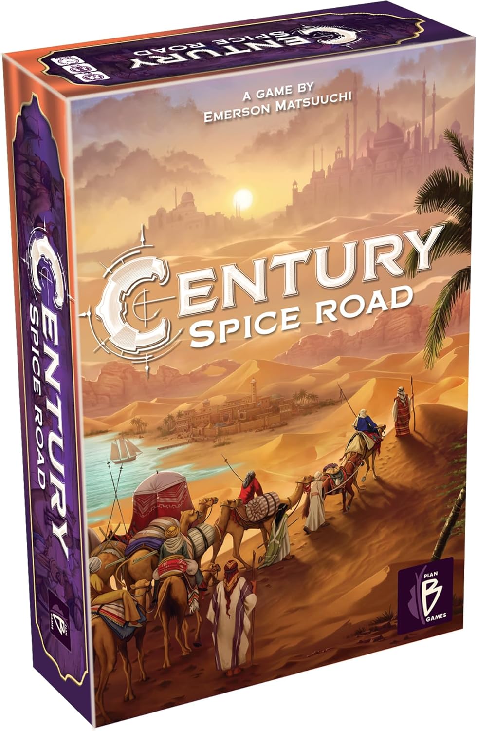 The image shows the box of the board game 'Century: Spice Road' with an illustration of a desert scene with camels and market vendors.
