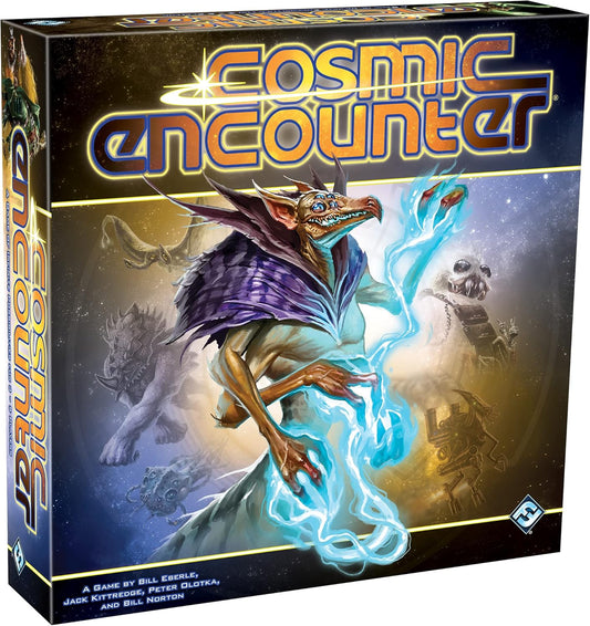 The product image shows the box of Cosmic Encounter board game featuring an illustration of an alien character with a futuristic city in the background.