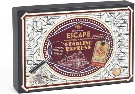 A boxed game titled 'Escape from the Starline Express' with a vintage map design and a miniature figure of a person holding a flashlight.