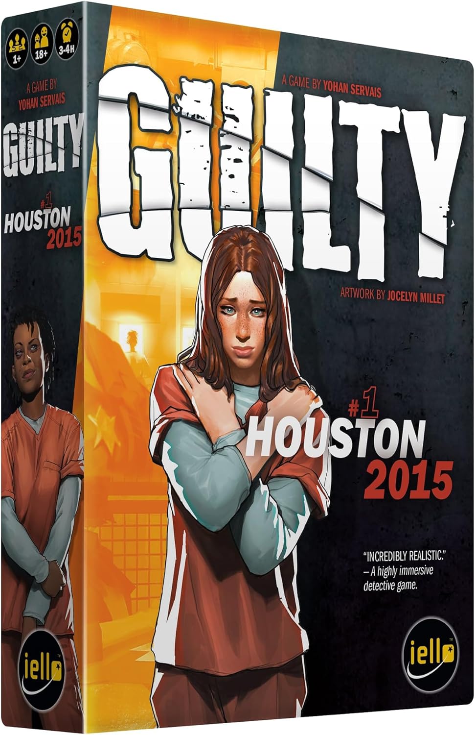 Board game box cover for 'Guilty: Houston 2015' featuring an illustration of a female character with a serious expression, set against a backdrop with orange and yellow tones. The game title and details are prominently displayed.