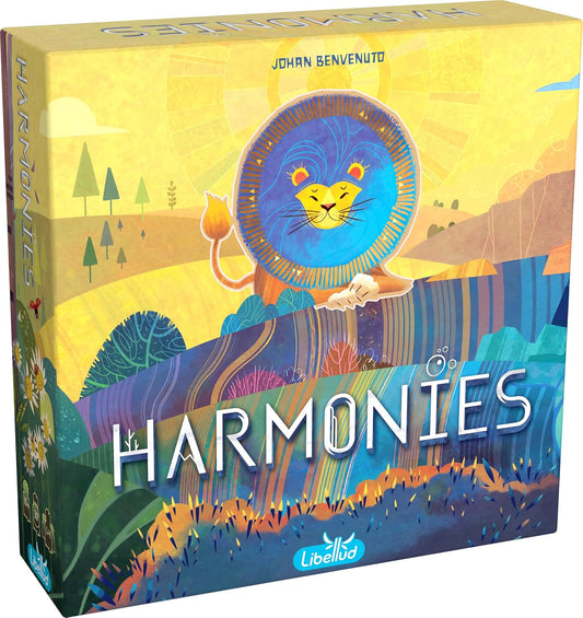 Board game Harmonies with colourful design and lion illustration.
