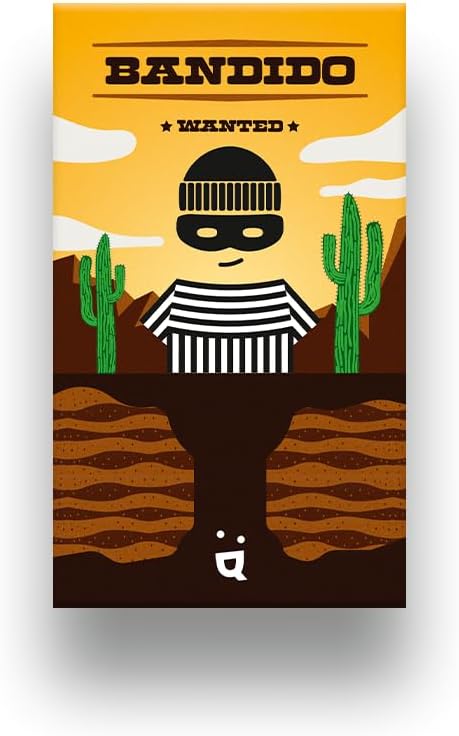 The image features the cover of a board game called "Bandido". The artwork is playful and colorful, depicting a cartoon-style bandit figure in a striped black and white outfit, standing in a stylized desert landscape with cacti in the background.