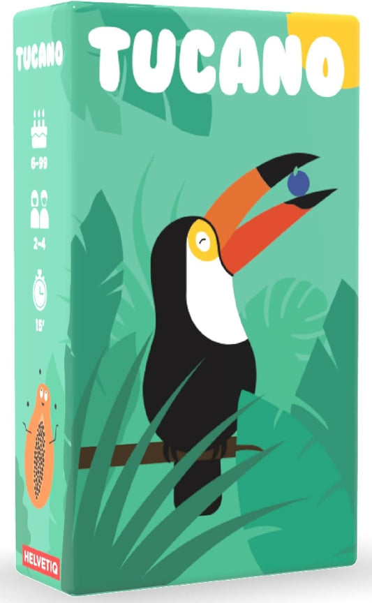 The image shows a boxed board game called 'Tucano' with a colorful toucan design on the cover, indicating that the game is suitable for ages 6 and up, and that it includes 1-4 players in a 15-minute gameplay session.
