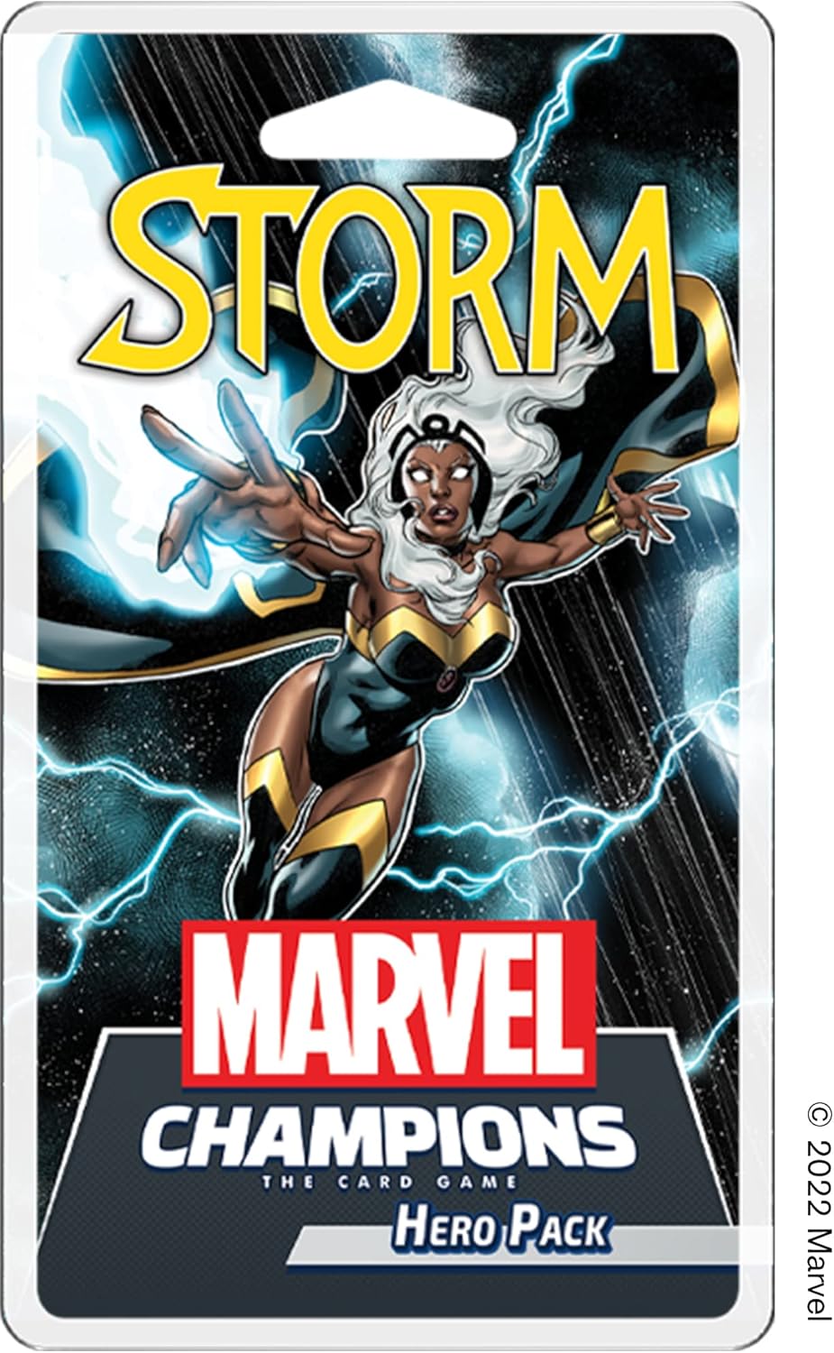 Packaging for the Marvel Champions - Storm Hero Pack card game, featuring the character Storm from X-Men with a lightning bolt background.