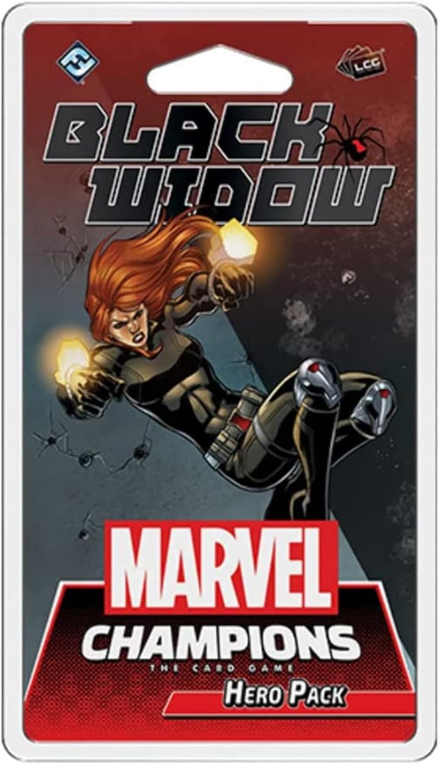 Packaging for the Marvel Champions card game featuring Black Widow, showing the character in action with a red backdrop. The pack is labeled as 'Hero Pack' and indicates it is for the Marvel Champions game.