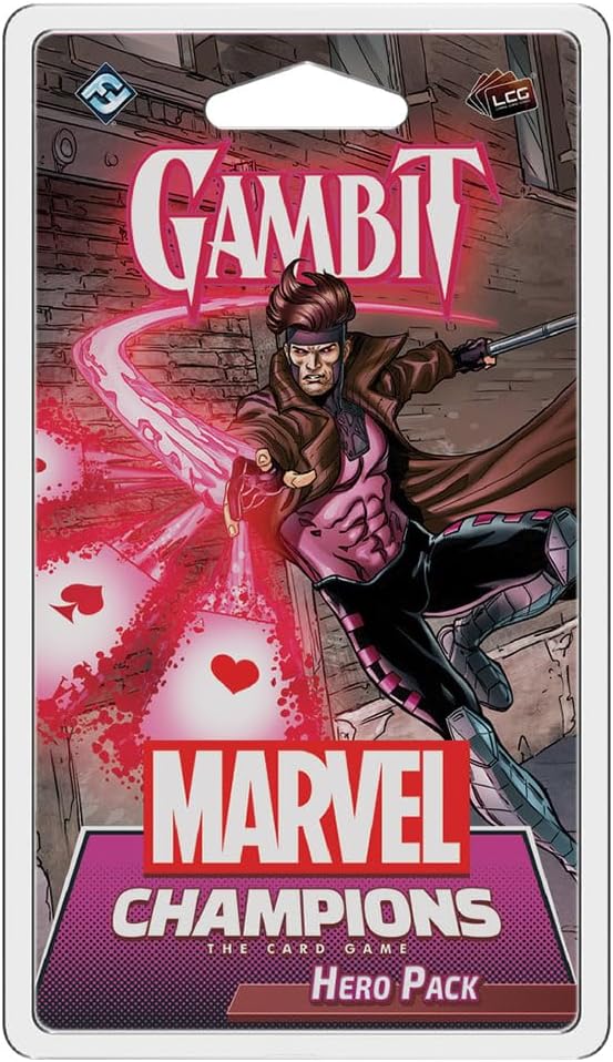 Packaging for the Marvel Champions - Gambit Hero Pack card game, featuring an illustration of the character Gambit from the X-Men franchise.