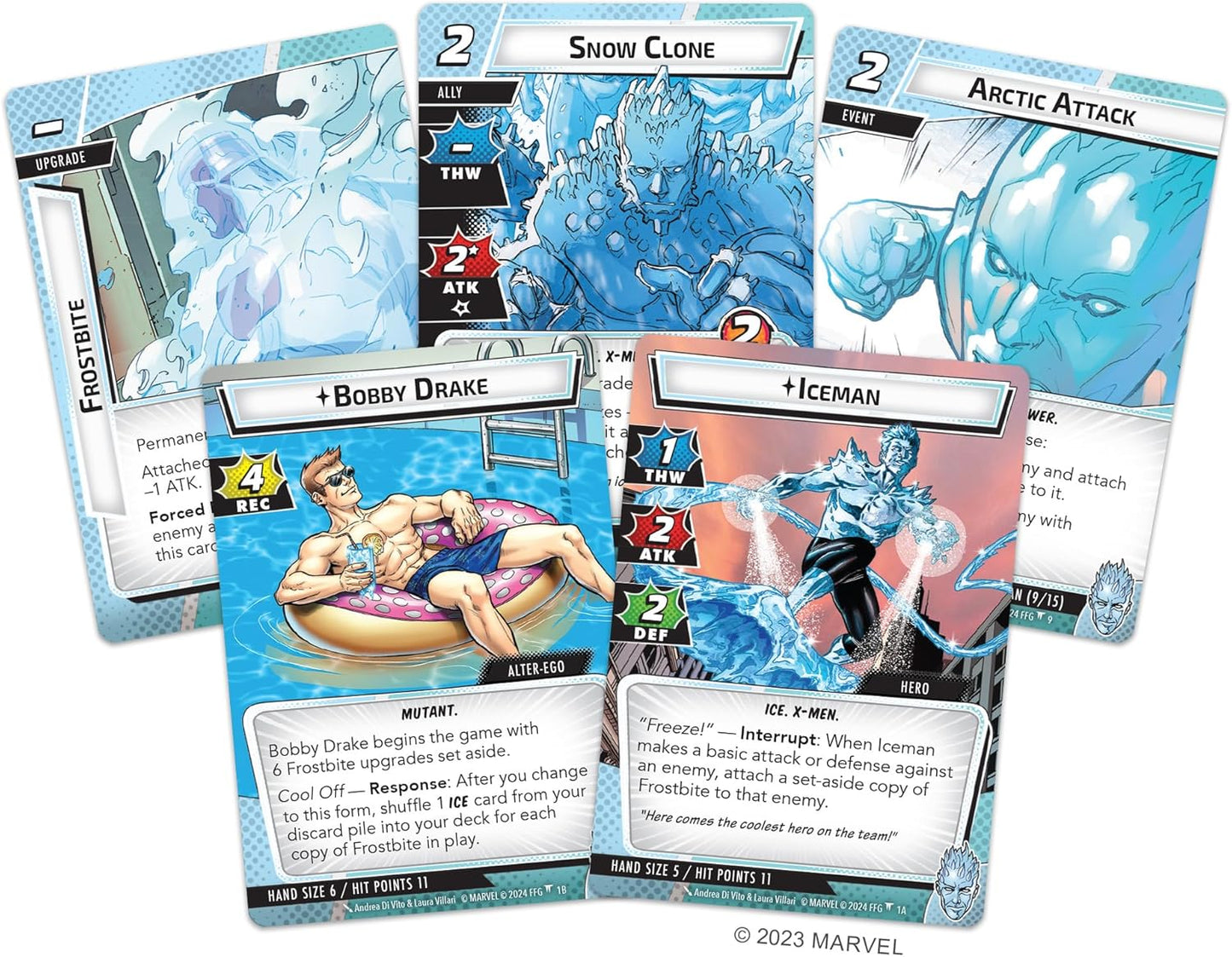 Collection of Marvel trading cards featuring characters Bobby Drake, Arctic Attack, Snow Clone, Frost Bite and Iceman on a white background.