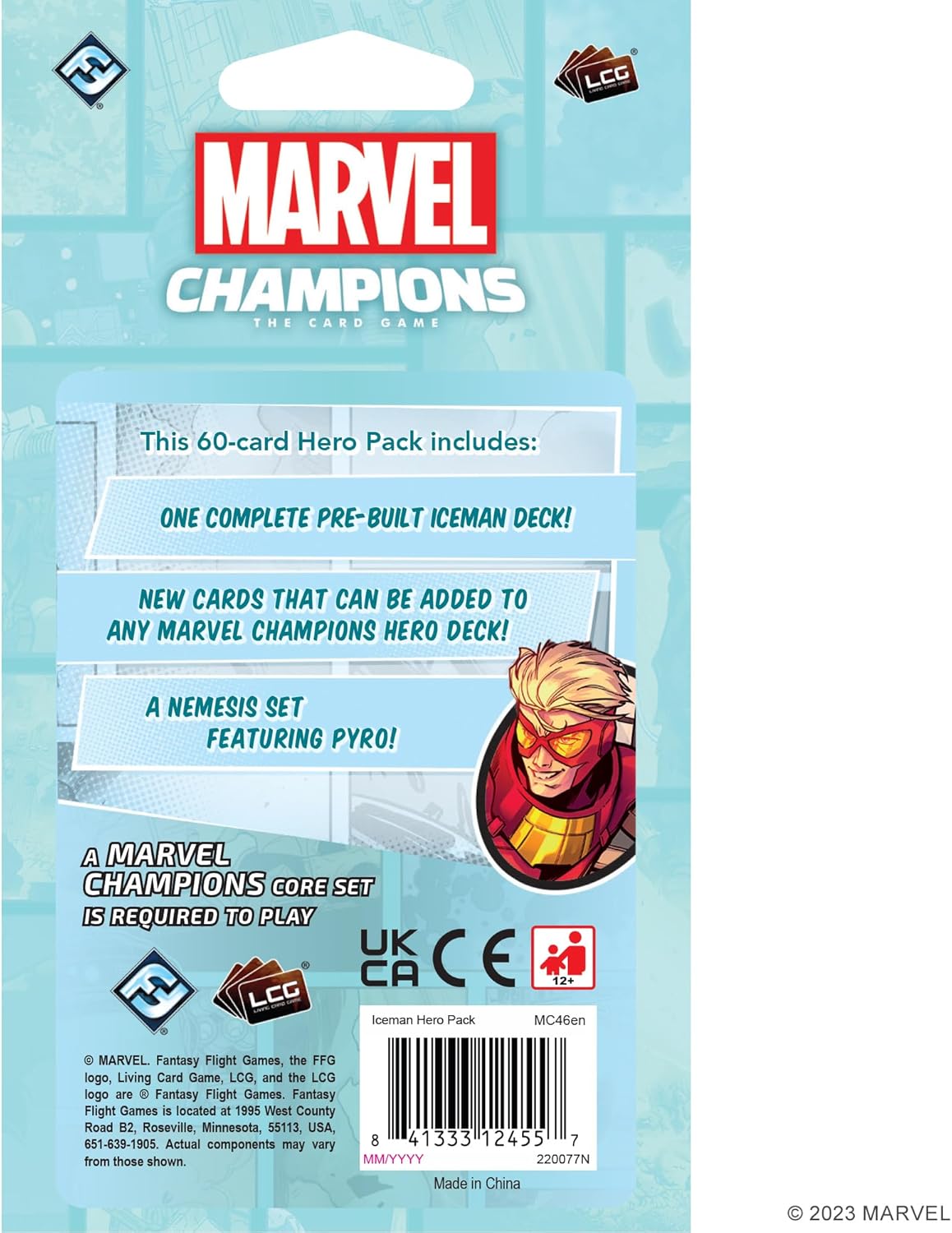 Marvel Champions card game hero pack with Ice-Man illustration on blue background