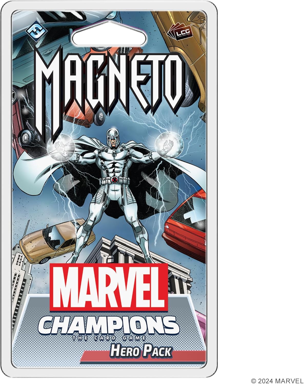 Packaging for Marvel Champions: Magneto Hero Pack, featuring an illustration of the character Magneto with a backdrop of various scenes and characters from the Marvel universe.