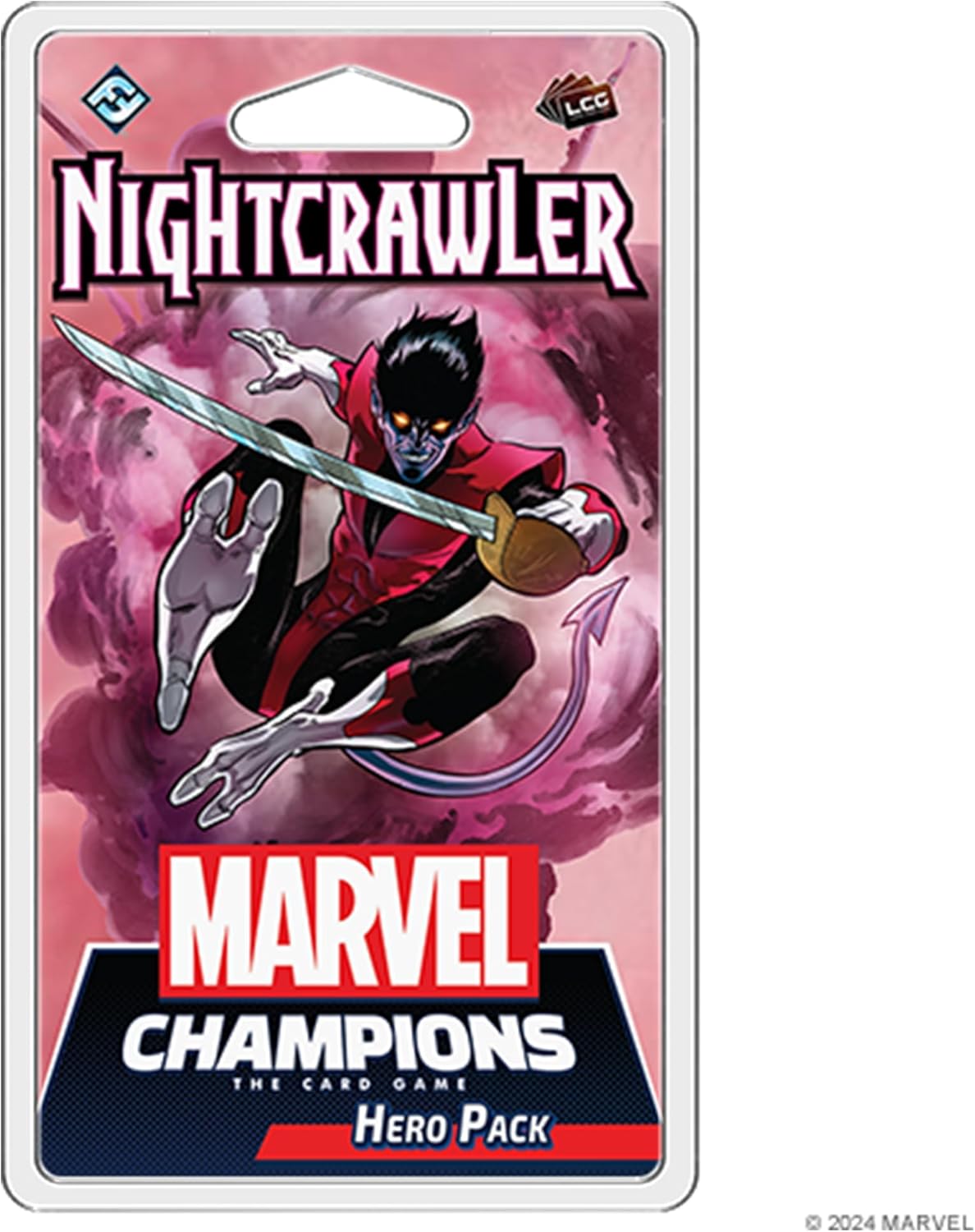 Packaging for 'Marvel Champions - Nightcrawler Hero Pack' featuring an illustration of the character Nightcrawler from the X-Men franchise, with a pink and purple backdrop.