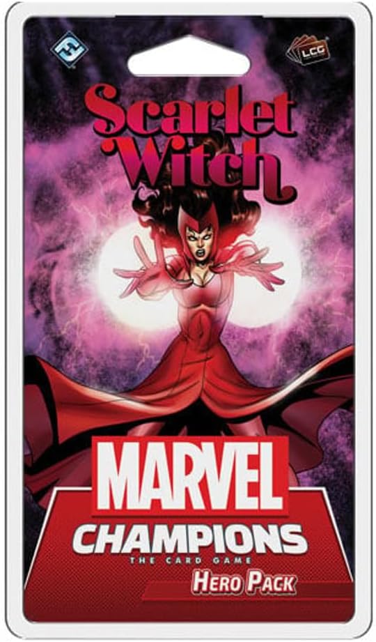 Packaging for 'Marvel Champions - Scarlet Witch Hero Pack' featuring an illustration of the character Scarlet Witch from Marvel Comics, in a red dress with a magical pose and background.