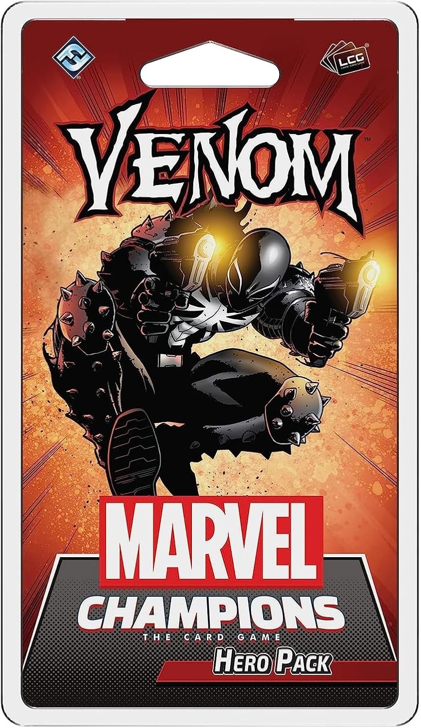 Packaging for the Marvel Champions board game featuring Venom, with the Venom character illustrated in a dynamic pose, surrounded by a red and orange fiery background. The text on the packaging includes 'Venom', 'Marvel Champions', and 'Hero Pack'.