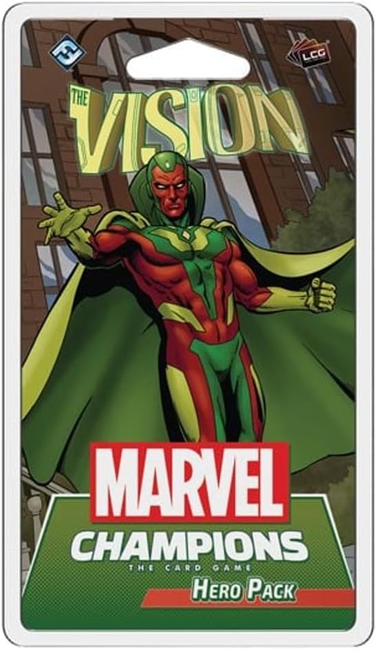 Packaging for the Marvel Champions card game featuring the character Vision. The cover displays Vision in a dynamic pose with a green cape, red shirt, and yellow pants against a backdrop of a cityscape.