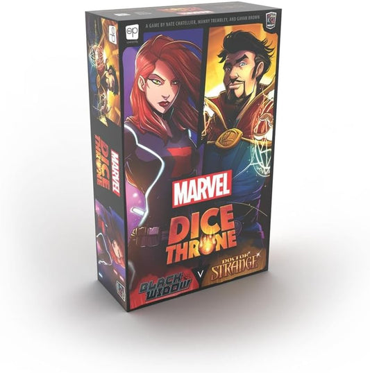 Marvel Dice Throne game box featuring Black Widow and Doctor Strange