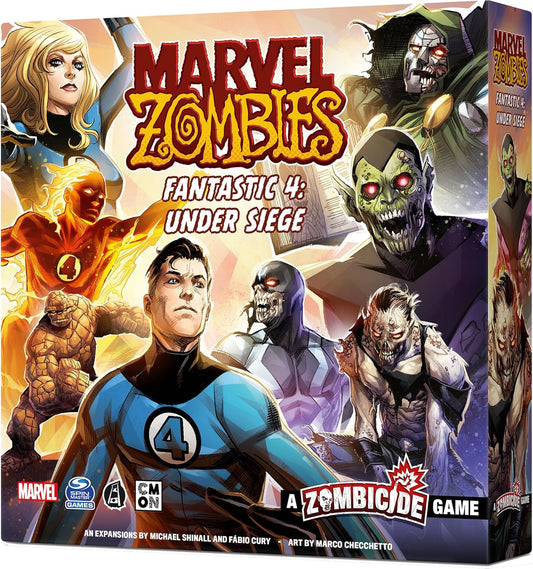 Box cover of the Marvel Zombies: Fantastic 4 Under Siege board game featuring superhero characters from the Marvel universe, including the Fantastic Four, zombies, and a horde of undead characters in a post-apocalyptic setting.