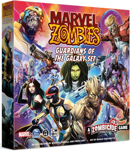 Box cover art for the Marvel Zombies Guardians of the Galaxy Set board game featuring colorful illustrations of various characters from the Marvel universe, specifically the Guardians of the Galaxy, in a zombie-themed setting.