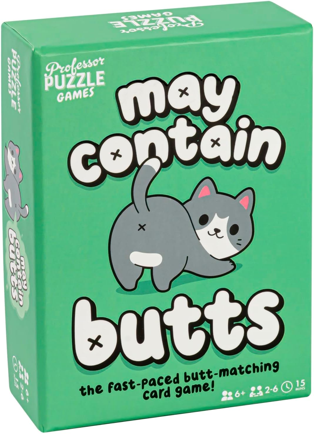 Card game box titled 'May Contain Butts' by Professor Puzzle Games on a green background