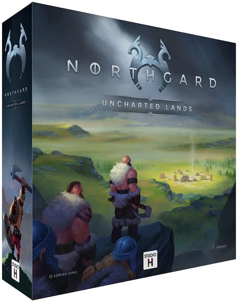 Board game box for 'Northgard: Uncharted Lands' with characters and landscape illustration.
