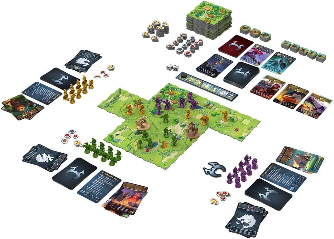 NORTHGARD Uncharted Lands board game setup with various pieces and cards on a white background