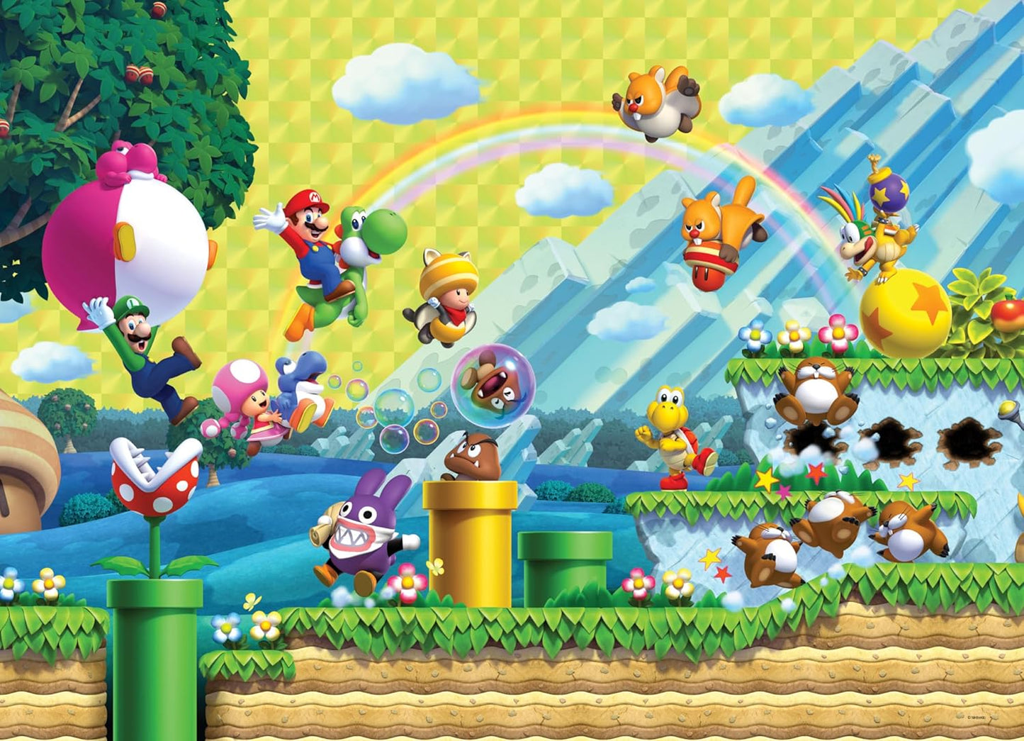 Super Mario Chaos characters in a colourful, animated landscape with mountains and a rainbow.