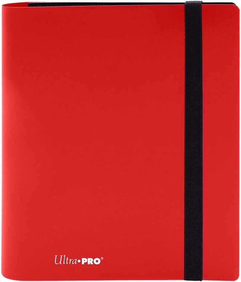 Red Ultra Pro binder with a black strap on a white background