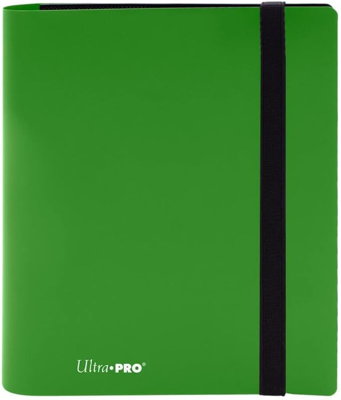 Green Ultra Pro binder with a black strap on a white background
