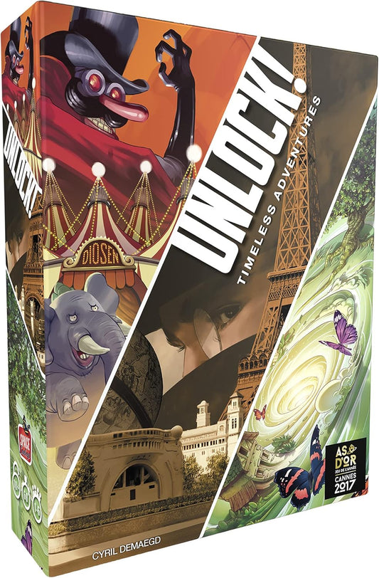 A board game box cover for 'Unlock! Timeless Adventures' featuring illustrated scenes from the game's different adventures, including a circus, a cityscape, and a time travel theme.