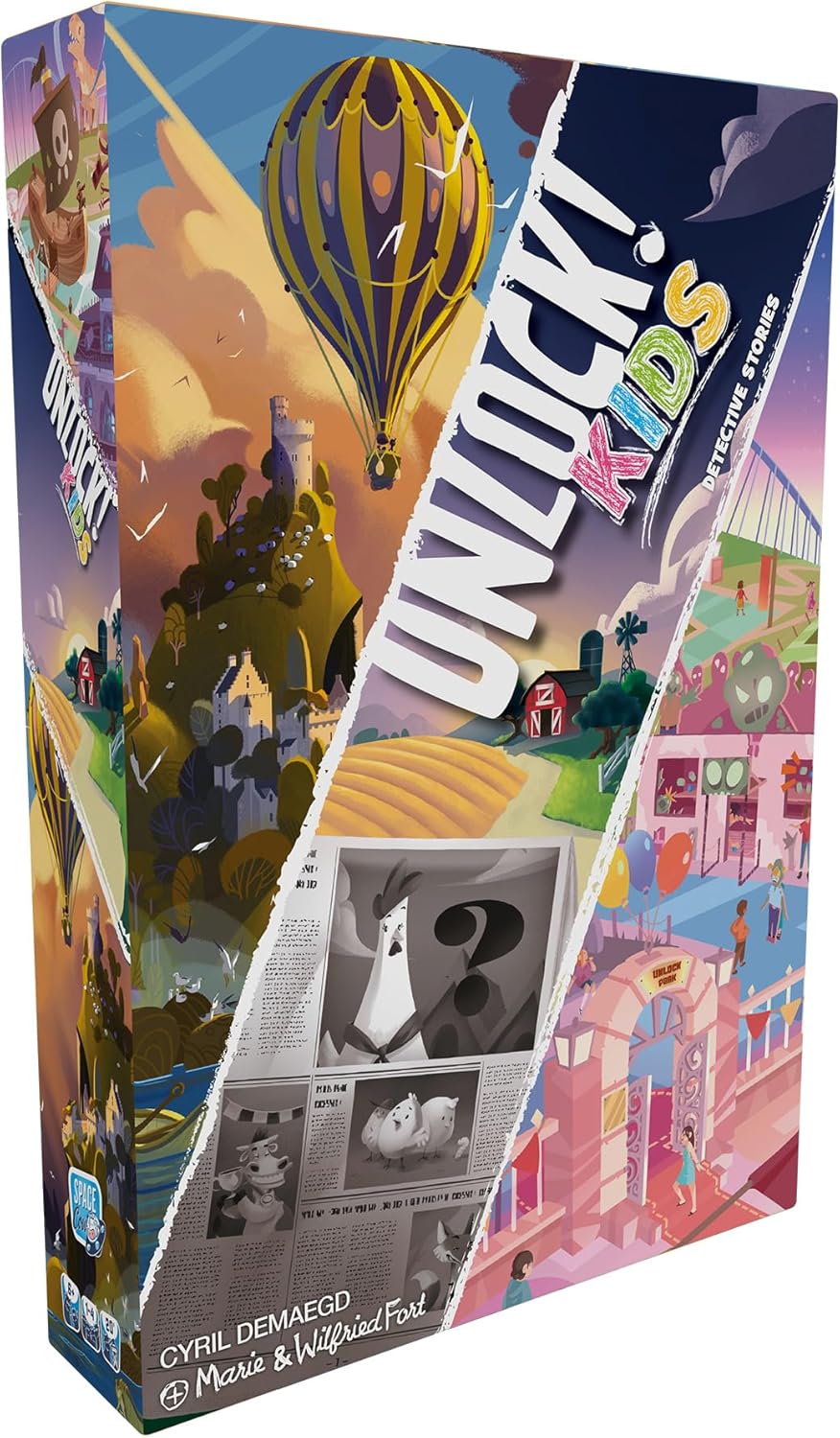 A boxed game titled 'Unlock! Kids Detective Stories' with colorful, playful artwork featuring various whimsical illustrations and a hot air balloon on the cover.