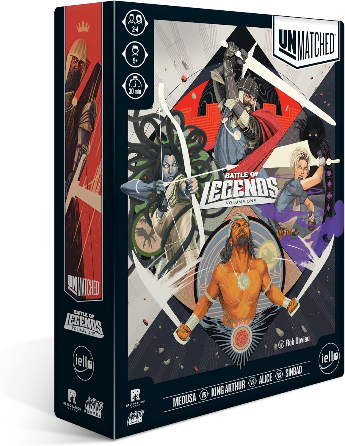 The product image shows the packaging for 'Unmatched - Battle of Legends Vol 1', featuring illustrations of the game's four legendary heroes: Medusa, King Arthur, Alice, and Sinbad. The box art includes vibrant, dynamic depictions of each character in a combat stance, with a mix of fantasy and action elements.