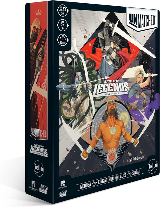 The product image shows the packaging for 'Unmatched - Battle of Legends Vol 1', featuring illustrations of the game's four legendary heroes: Medusa, King Arthur, Alice, and Sinbad. The box art includes vibrant, dynamic depictions of each character in a combat stance, with a mix of fantasy and action elements.