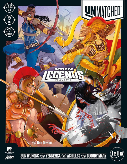 The cover art for 'Unmatched: Battle of Legends Vol 2' featuring illustrated miniature figures of legendary characters engaged in a battle scene.