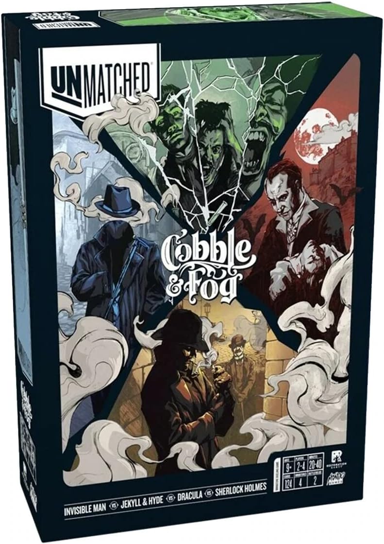 Product image for Unmatched: Cobble and Fog board game showing box art with illustrations of the characters Sherlock Holmes, Jekyll and Hyde, Dracula, and the Invisible Man in a misty setting.
