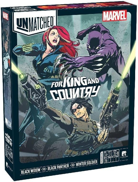 Board game box cover for 'Unmatched: For King and Country' featuring illustrated miniature figures of Black Widow, Black Panther, and Winter Soldier engaging in a battle scene.