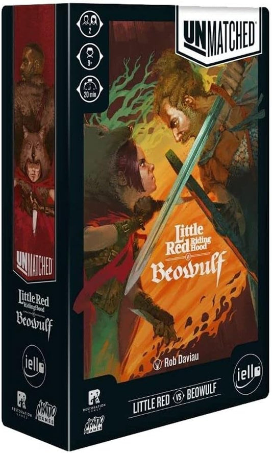 The product image shows the packaging for 'Unmatched: Red Riding Hood vs Beowulf', featuring illustrations of the characters Little Red Riding Hood and Beowulf engaged in a battle.