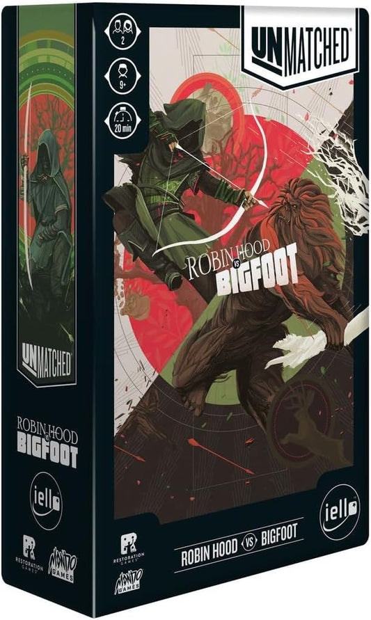 The product image shows the box of the board game 'Unmatched - Robin Hood vs Big Foot'. The cover features illustrations of Robin Hood and Big Foot in a forest setting with vibrant colors.